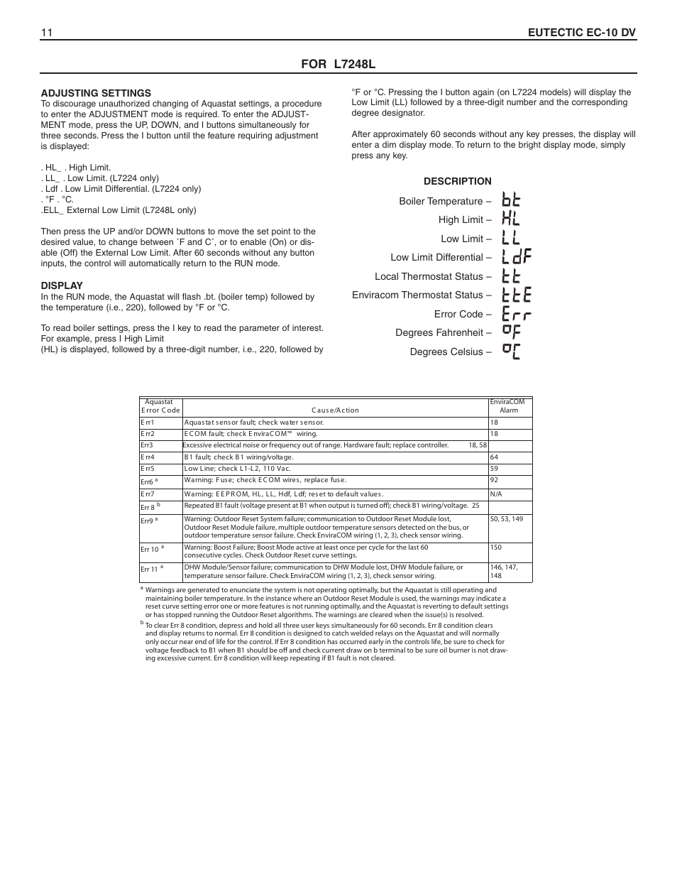 For l7248l, 11 eutectic ec-10 dv, Adjusting settings | Display | Slant/Fin EC-10DV Series User Manual | Page 11 / 15