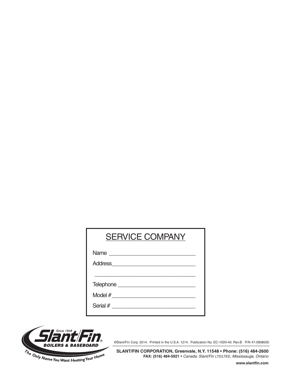 Service company | Slant/Fin EC-10DV Series User Manual | Page 15 / 15