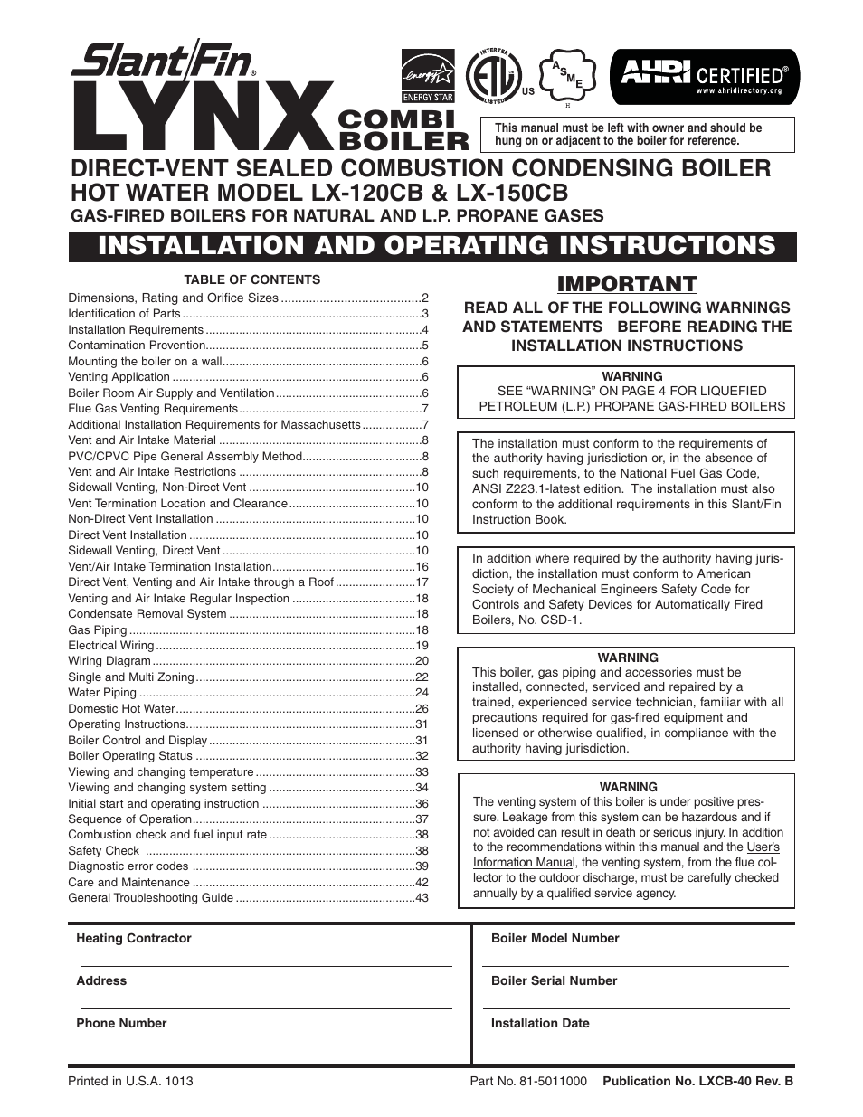 Slant/Fin LX-150CB User Manual | 44 pages