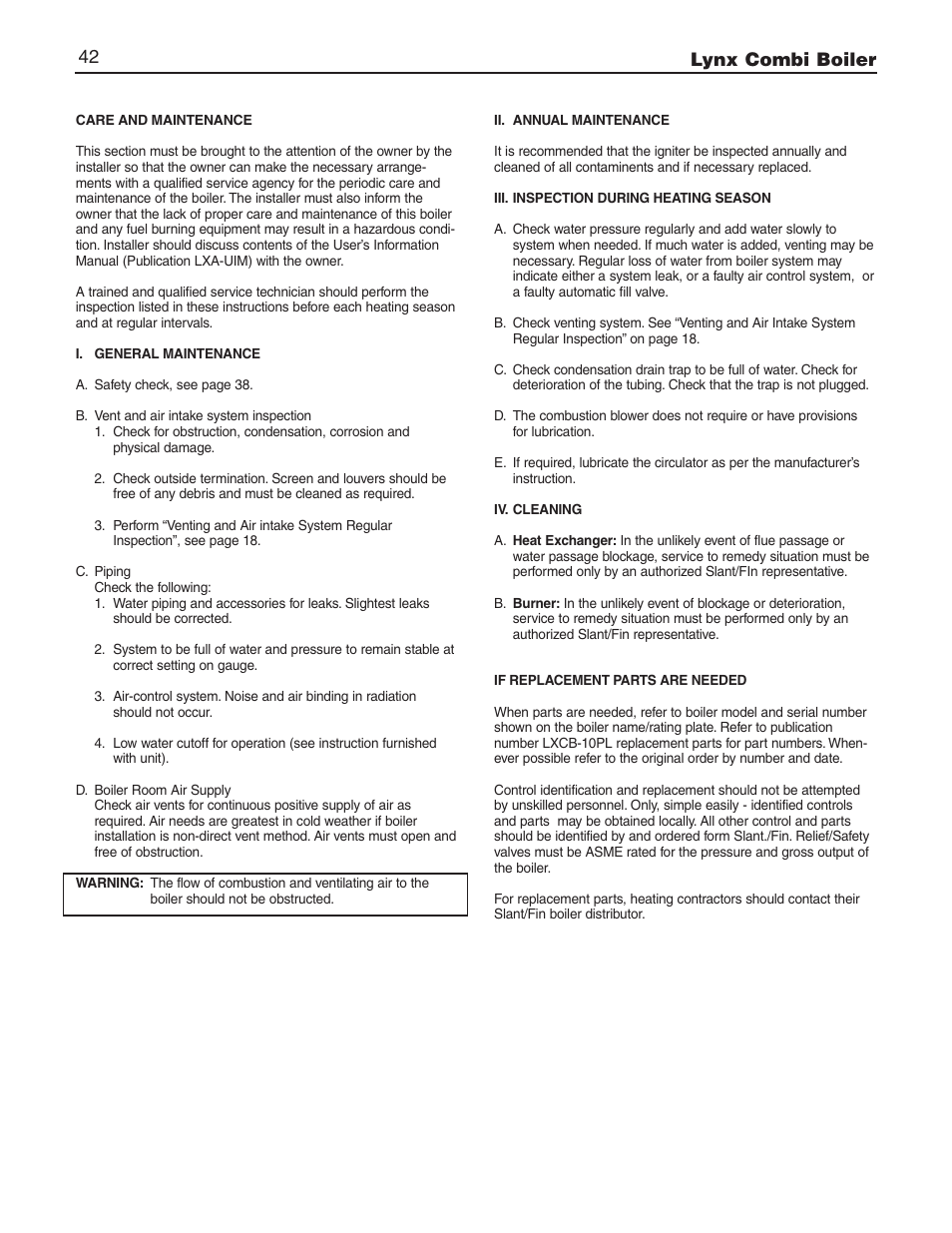 Lynx combi boiler 42 | Slant/Fin LX-150CB User Manual | Page 42 / 44