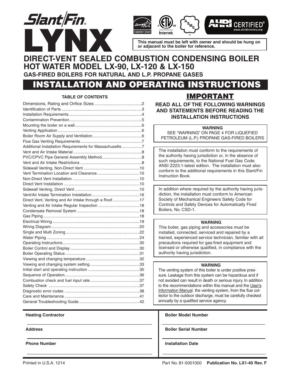 Slant/Fin LX-150 User Manual | 44 pages