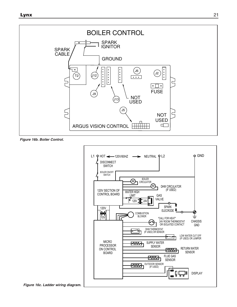 Boiler control, Lynx 21 argus vision control not used not used, Spark ignitor spark cable ground fuse | Slant/Fin LX-150 User Manual | Page 21 / 44