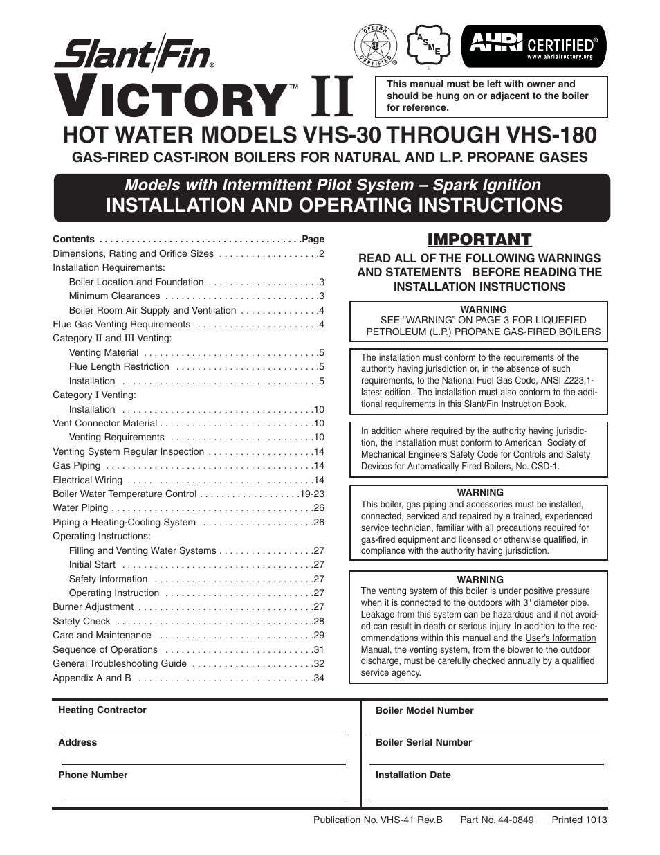 Slant/Fin VHS-180 User Manual | 36 pages