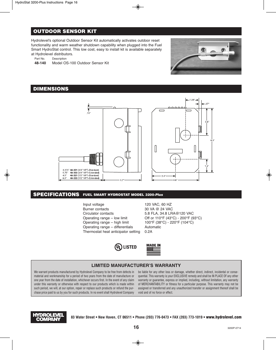 Outdoor sensor kit, Specifications, Dimensions | Slant/Fin 3200-Plus User Manual | Page 16 / 16