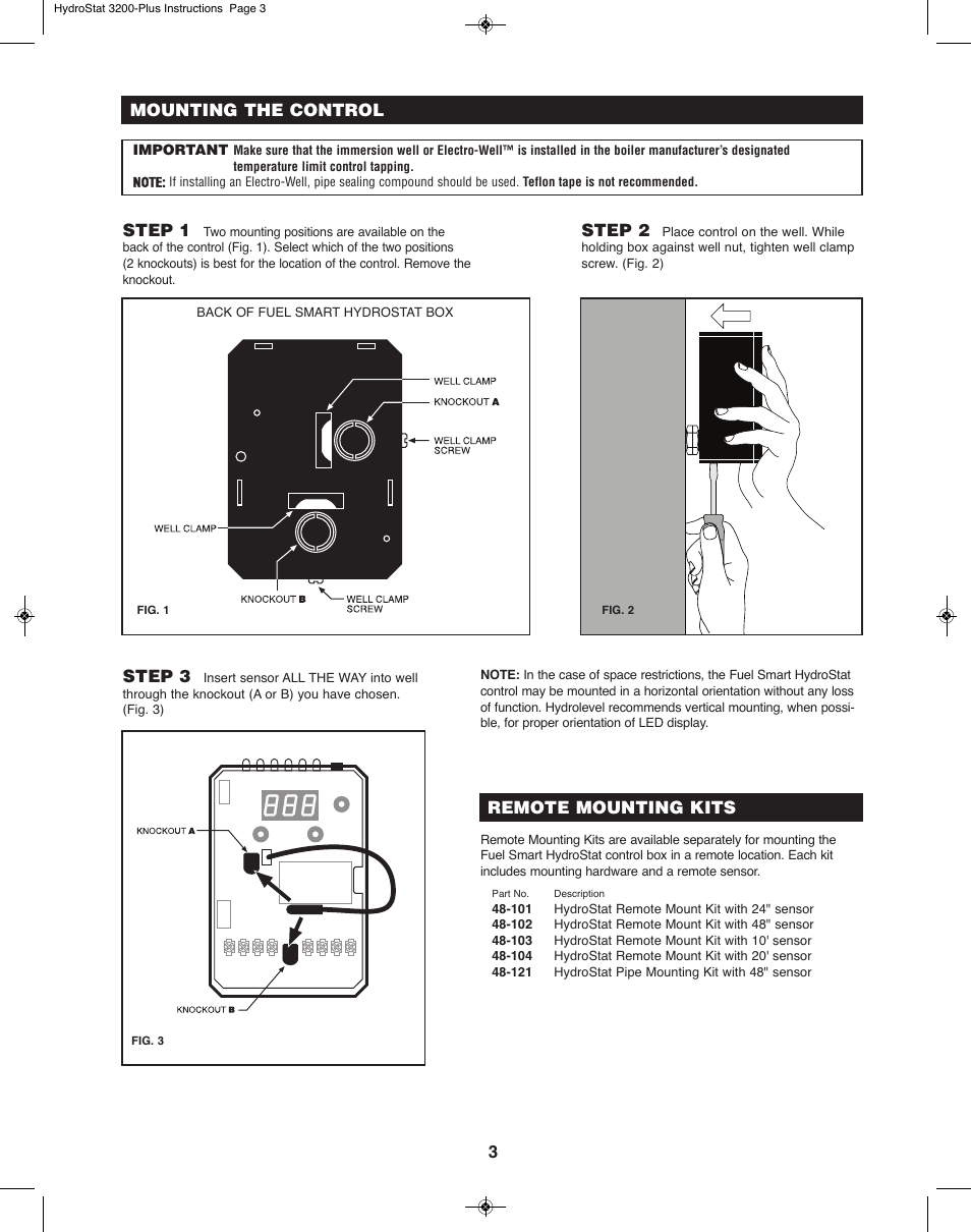 Mounting the control step 1, Step 2, Step 3 | 3remote mounting kits | Slant/Fin 3200-Plus User Manual | Page 3 / 16