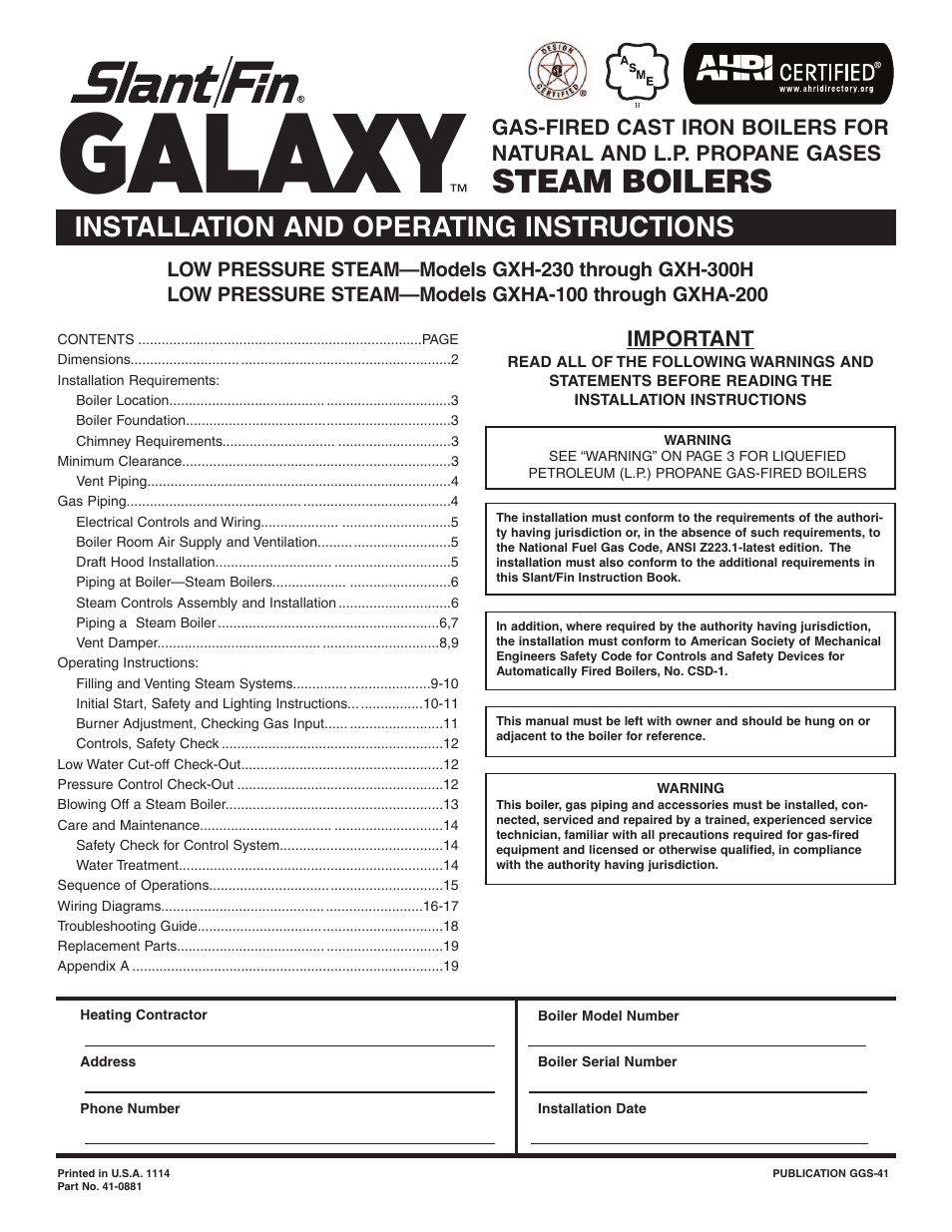 Slant/Fin GXHA-200 User Manual | 20 pages