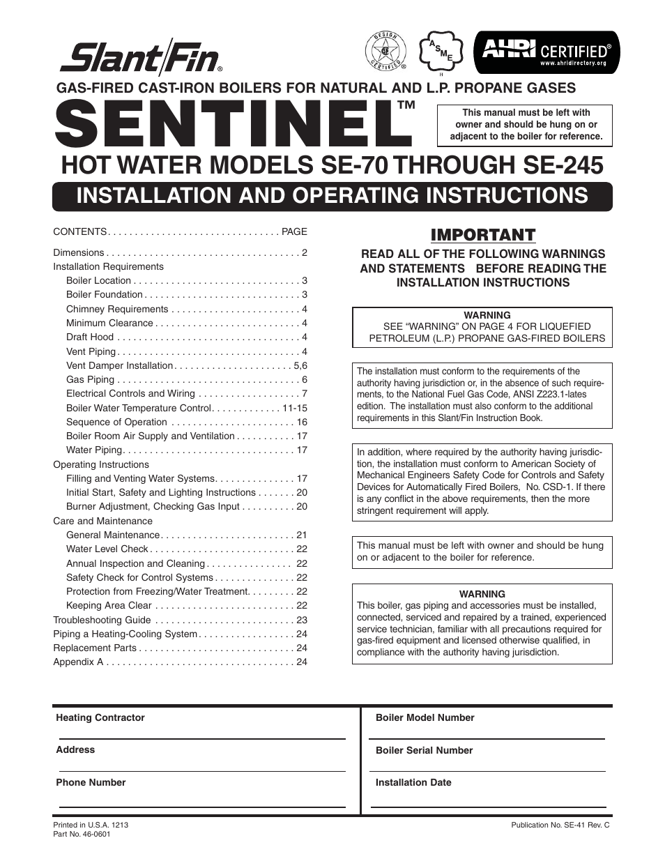 Slant/Fin SE-245 User Manual | 26 pages