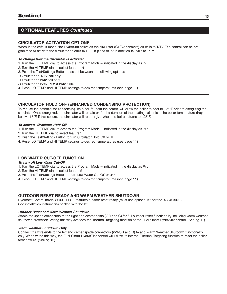 Sentinel, Optional features continued | Slant/Fin SE-245 User Manual | Page 13 / 26