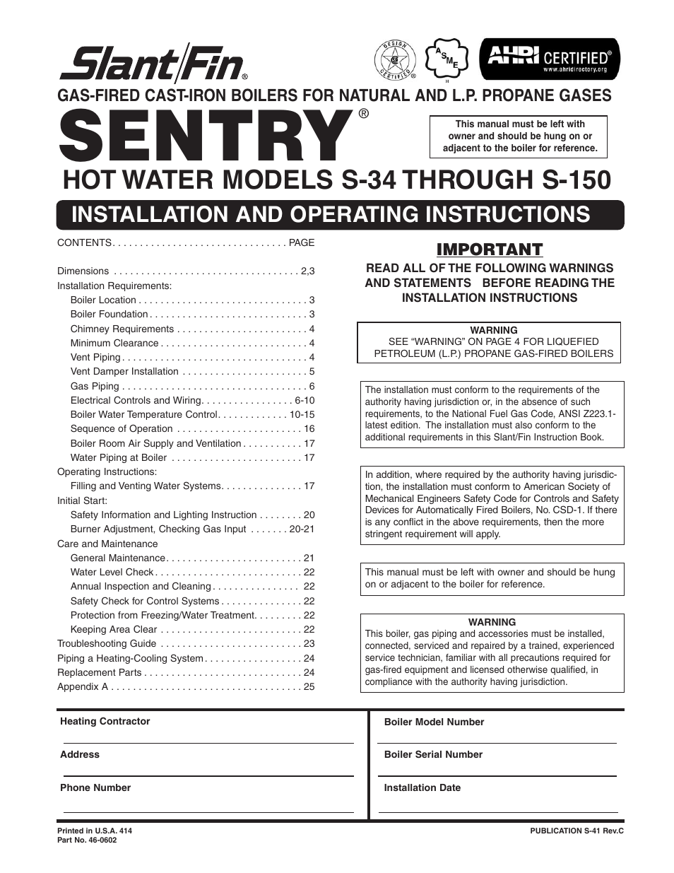 Slant/Fin S-150 User Manual | 28 pages