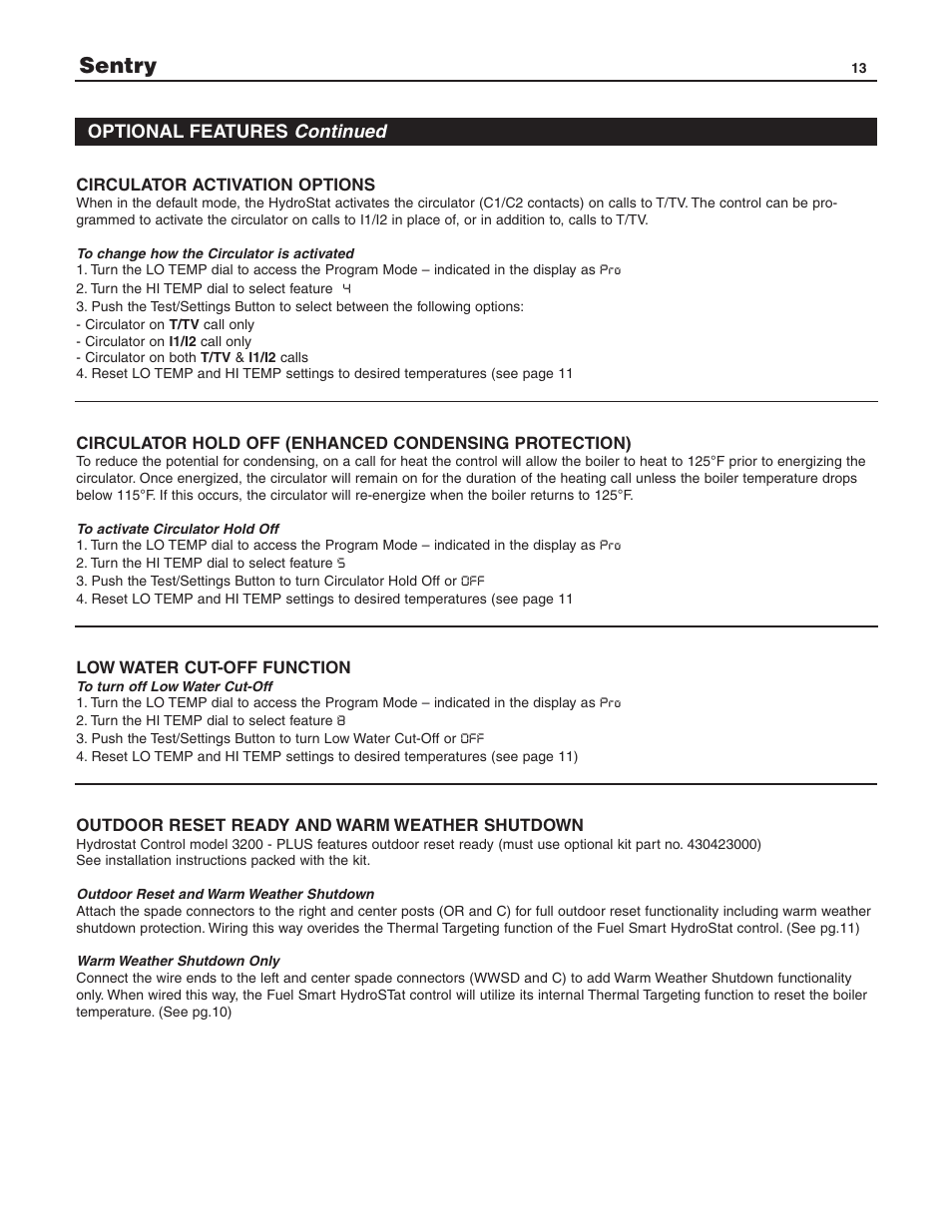 Sentry, Optional features continued | Slant/Fin S-150 User Manual | Page 13 / 28