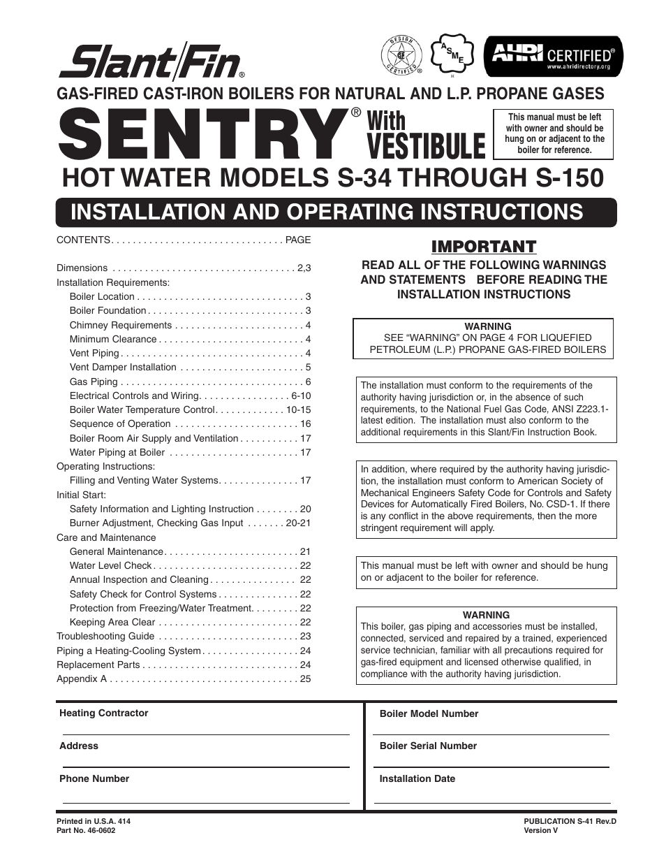 Slant/Fin S-150 Vestibule version User Manual | 28 pages