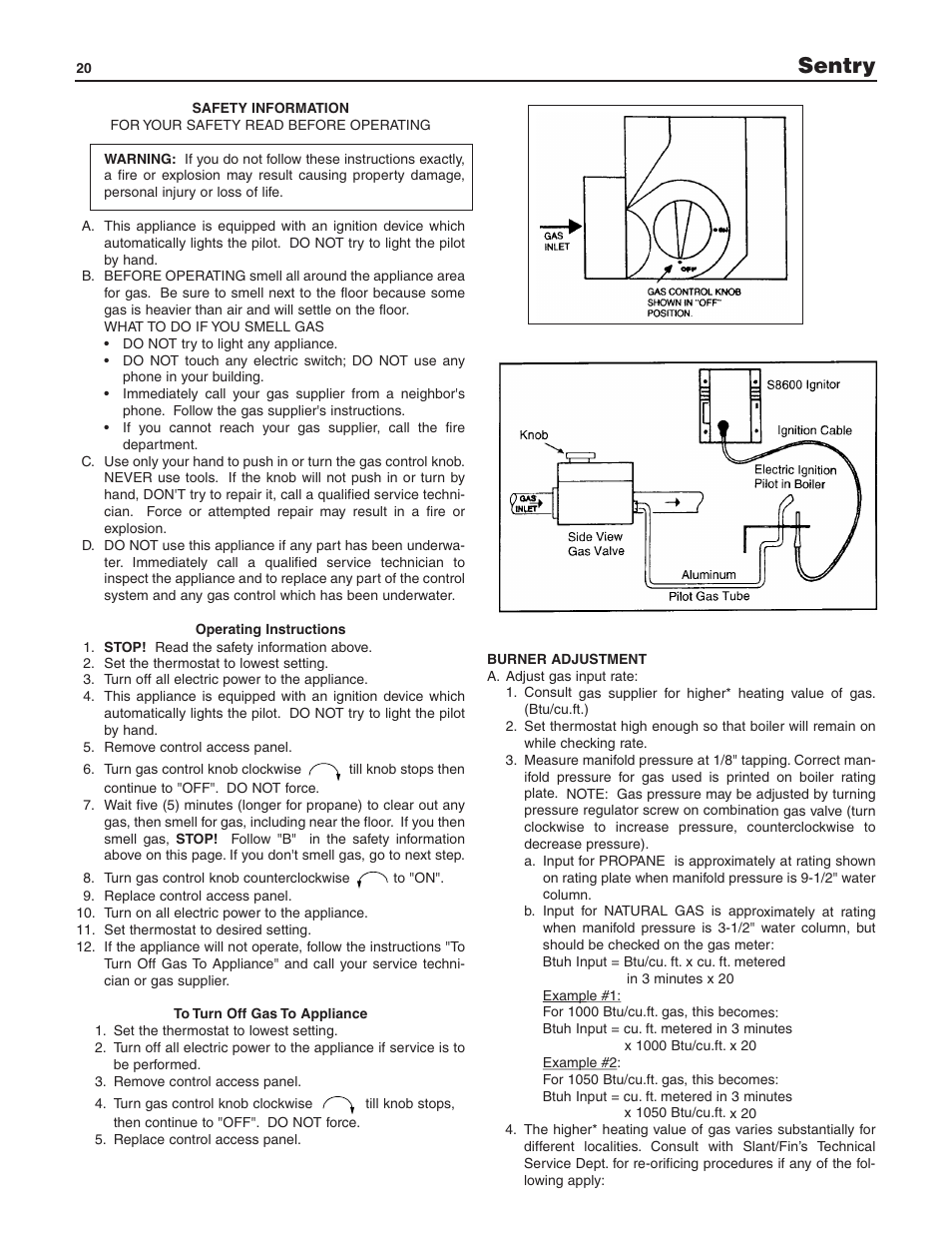 Sentry | Slant/Fin S-150 Vestibule version User Manual | Page 20 / 28