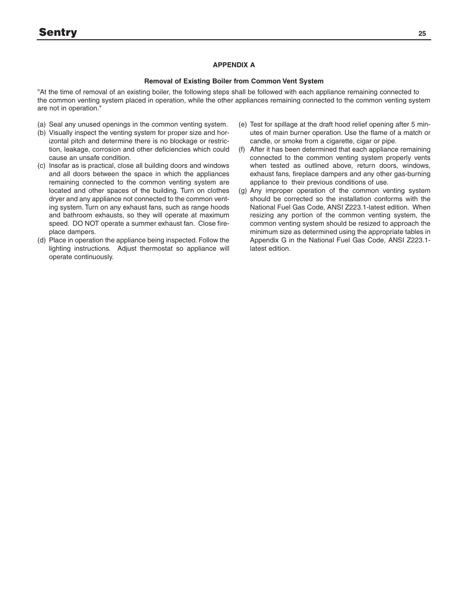 Sentry | Slant/Fin S-150 Vestibule version User Manual | Page 25 / 28