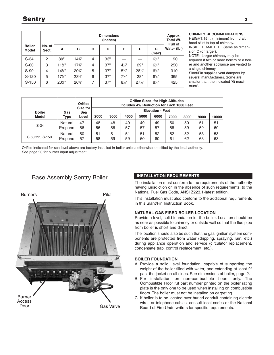 Sentry, Base assembly sentry boiler | Slant/Fin S-150 Vestibule version User Manual | Page 3 / 28