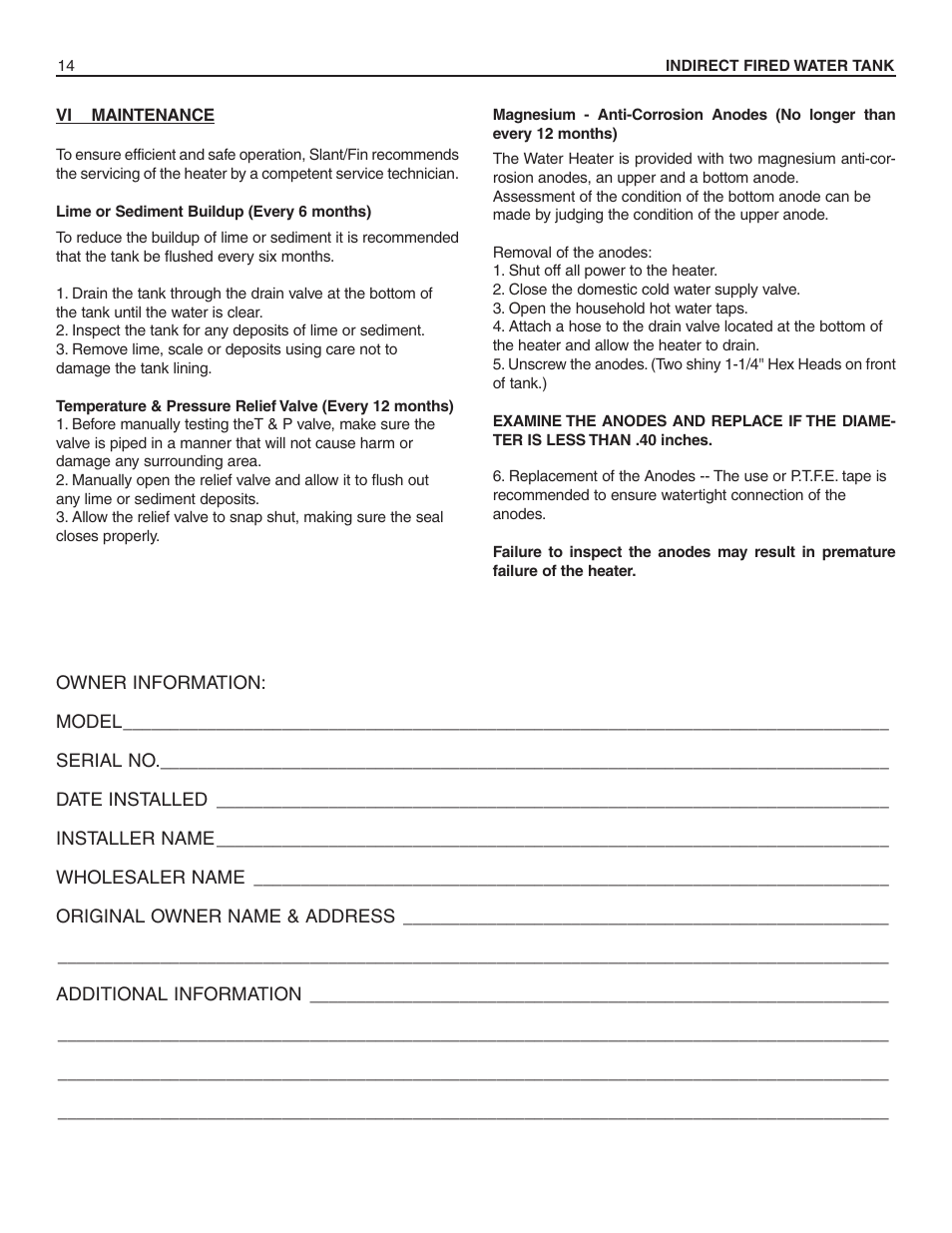 Slant/Fin HWT-120 User Manual | Page 14 / 16