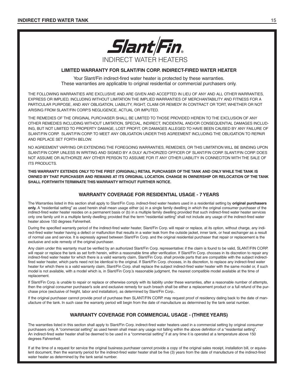 Indirect water heaters | Slant/Fin HWT-120 User Manual | Page 15 / 16