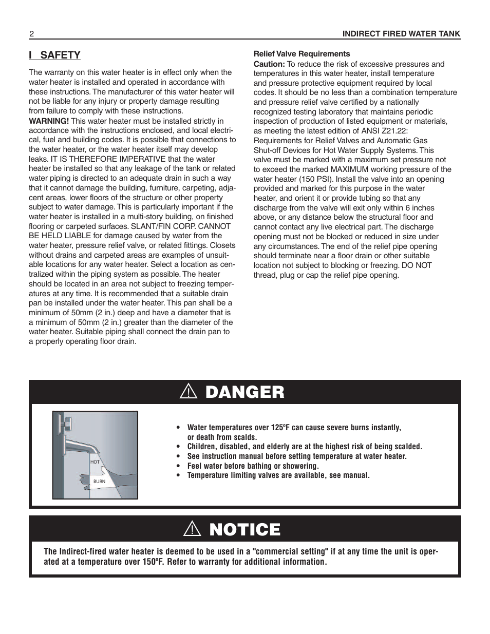 Notice, Danger, I safety | Slant/Fin HWT-120 User Manual | Page 2 / 16