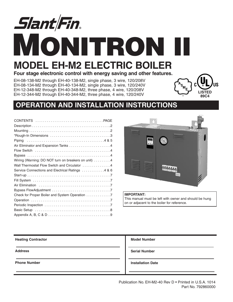 Slant/Fin EH-M2 User Manual | 12 pages