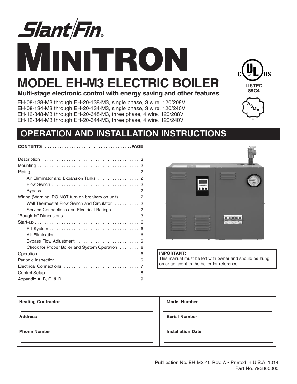 Slant/Fin EH-M3 User Manual | 12 pages