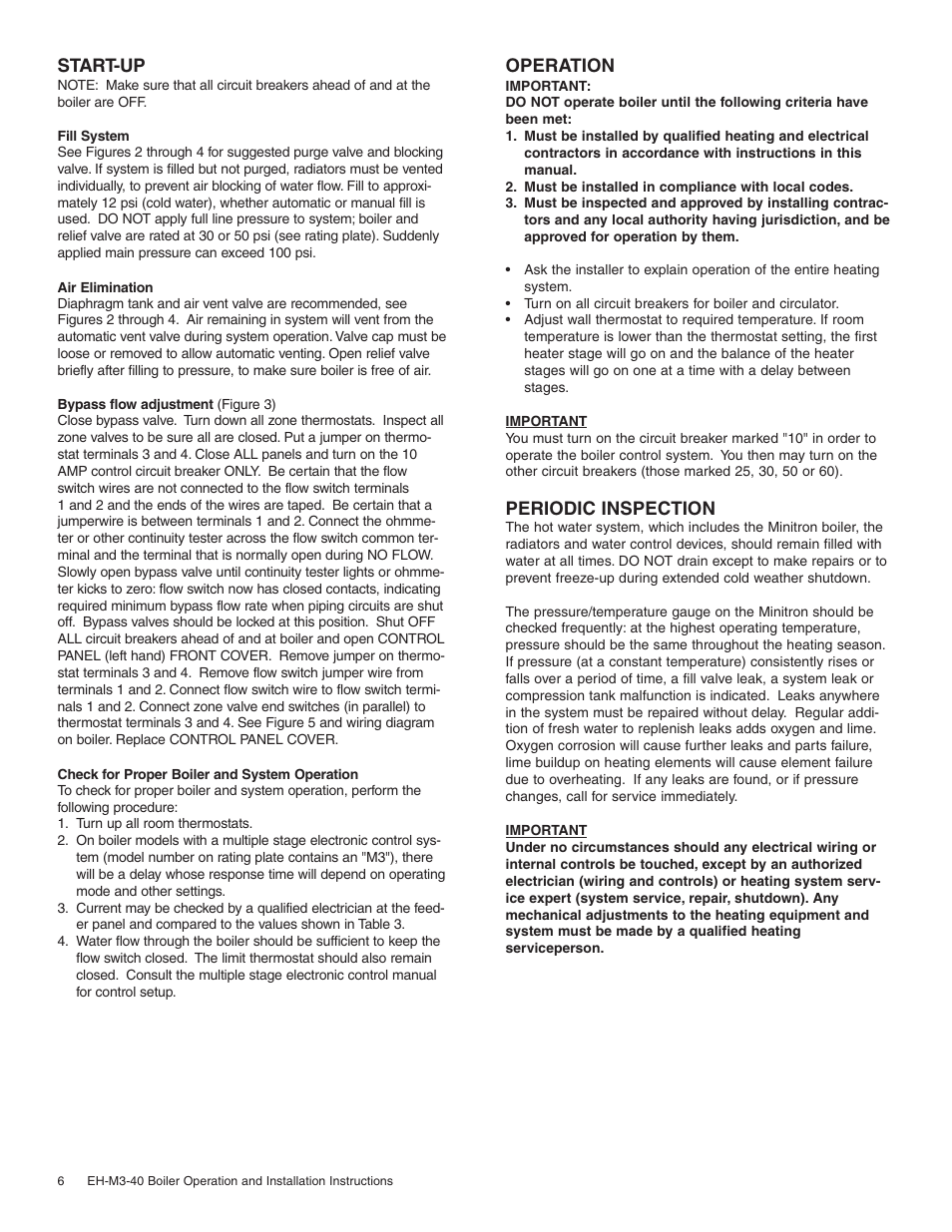 Start-up, Operation, Periodic inspection | Slant/Fin EH-M3 User Manual | Page 6 / 12