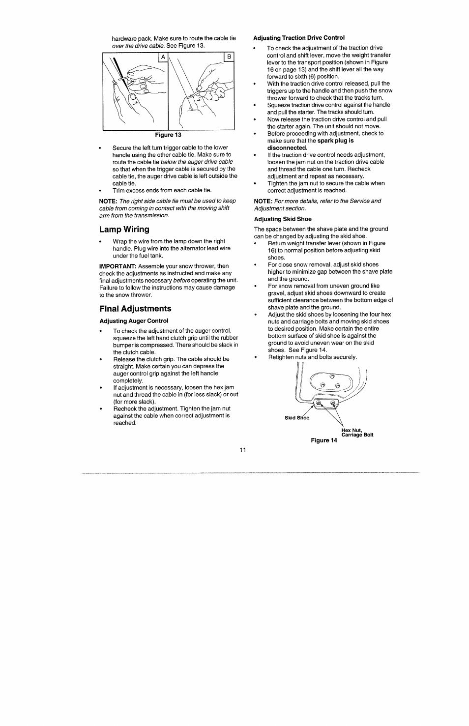 Lamp wiring, Final adjustments, Adjusting traction drive control | Spark plug is disconnected, Adjusting skid shoe | Craftsman 247.885500 User Manual | Page 11 / 58