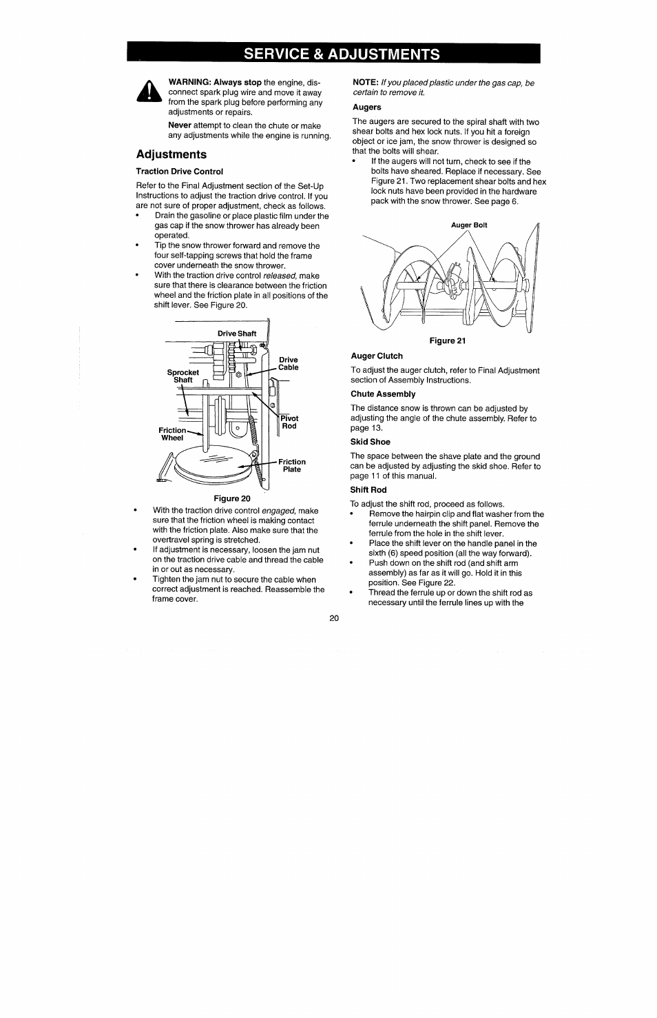 Adjustments, Traction drive control, Auger clutch | Skid shoe, Shift rod, Service & adjustments | Craftsman 247.885500 User Manual | Page 14 / 58