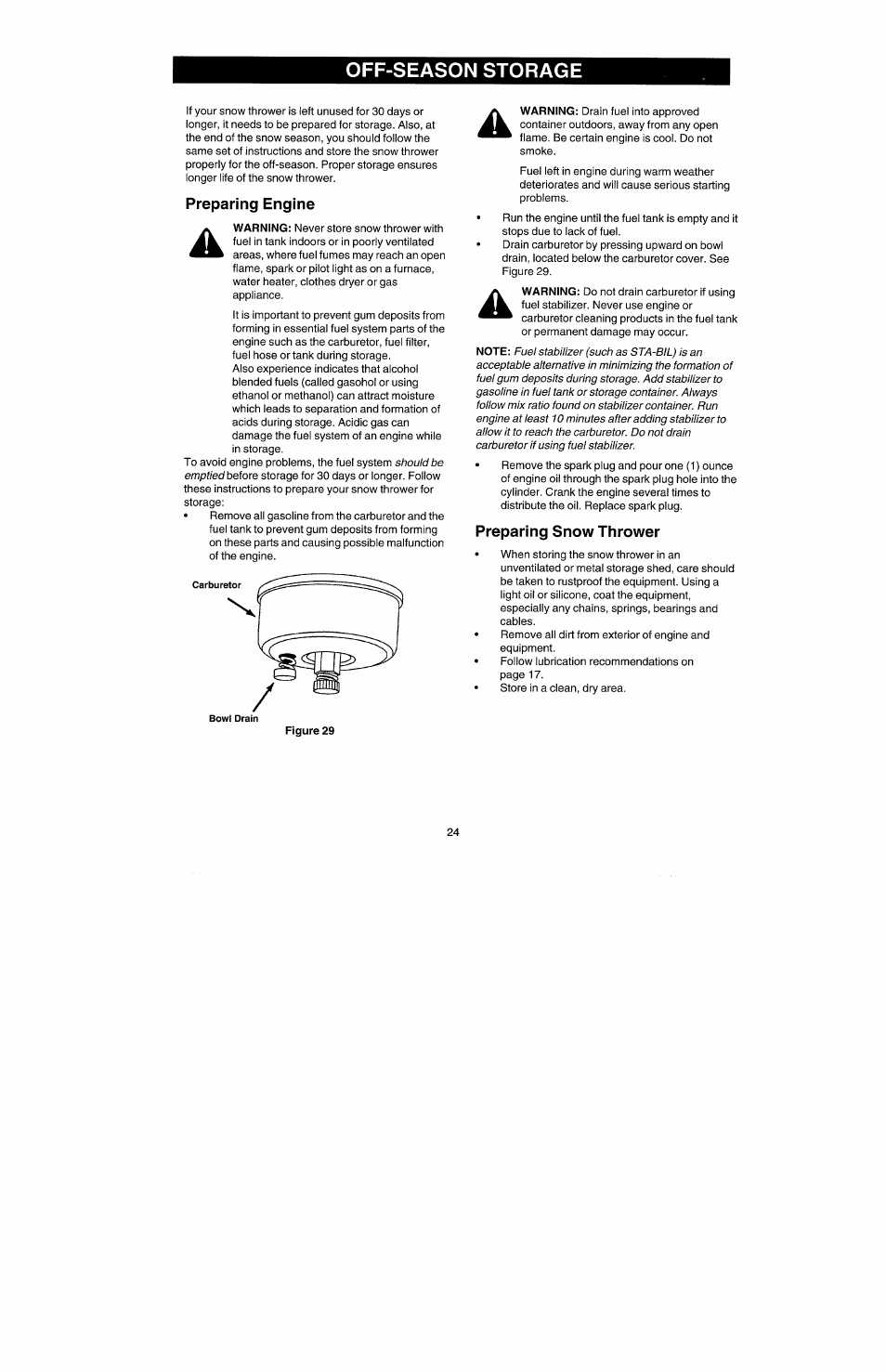 Preparing engine, Preparing snow thrower, Off-season storage | Craftsman 247.885500 User Manual | Page 18 / 58