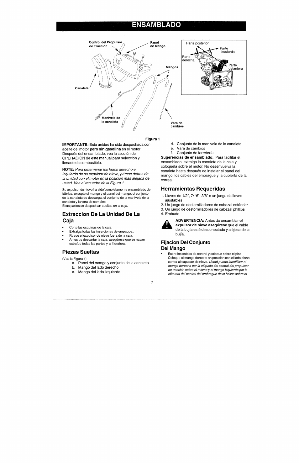 Piezas sueitas, Herramientas requeridas, Fijación dei conjunto dei mango | Ensamblado, Extracción de la unidad de la caja | Craftsman 247.885500 User Manual | Page 41 / 58
