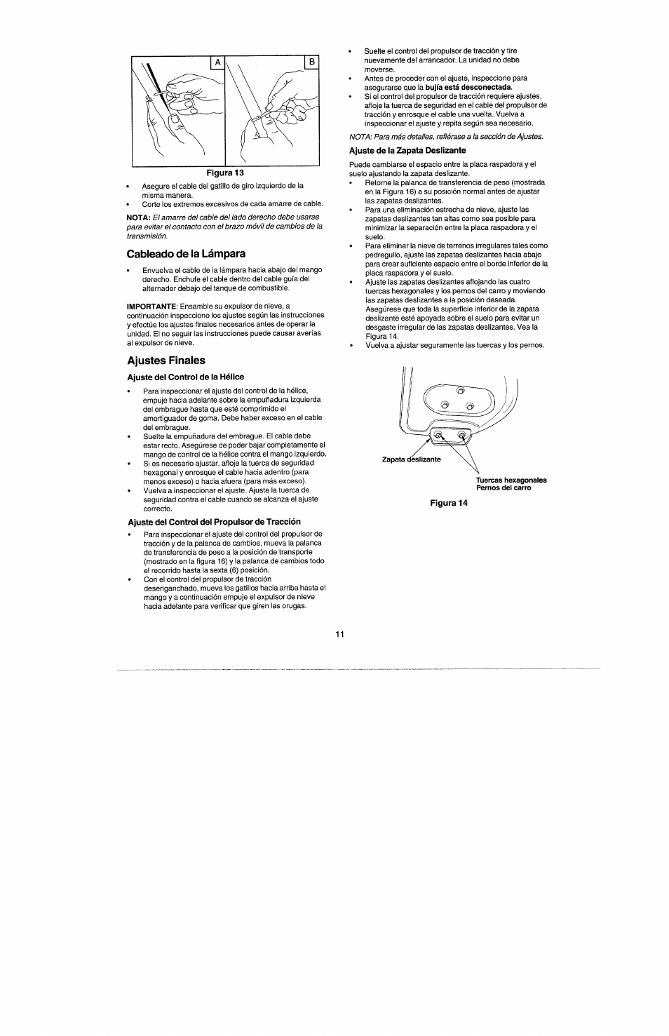 Cableado de la lámpara, Ajustes finales, Ajuste del control de la hélice | Ajuste del control del propulsor de tracción, Ajuste de la zapata deslizante, Figura 14 | Craftsman 247.885500 User Manual | Page 45 / 58