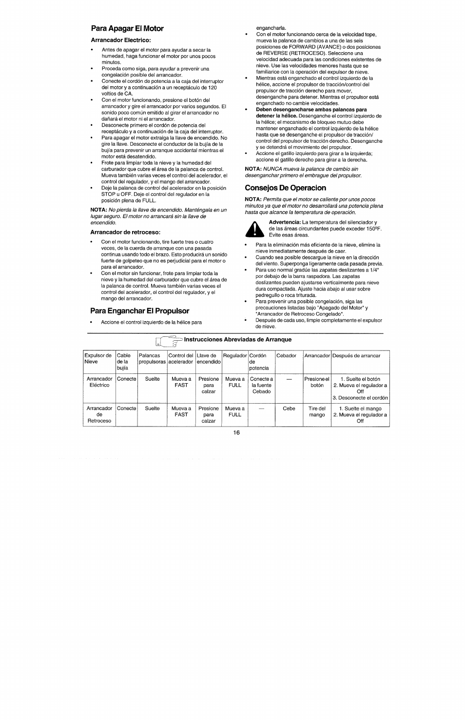 Para apagar el motor, Arrancador eléctrico, Arrancador de retroceso | Para enganchar el propulsor, Consejos de operación, Instrucciones abreviadas de arranque | Craftsman 247.885500 User Manual | Page 50 / 58