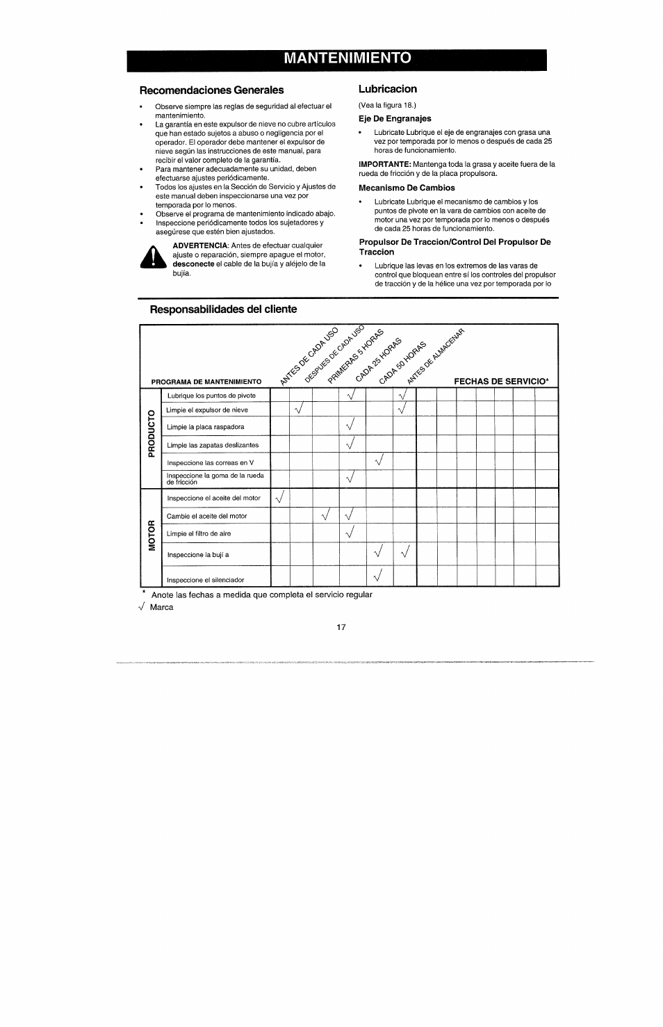 Recomendaciones generales, Lubricación, Eje de engranajes | Mecanismo de cambios, Propulsor de traccion/control del propulsor de, Tracción, Responsabilidades del cliente, Fechas de servicio, Mantenimiento | Craftsman 247.885500 User Manual | Page 51 / 58