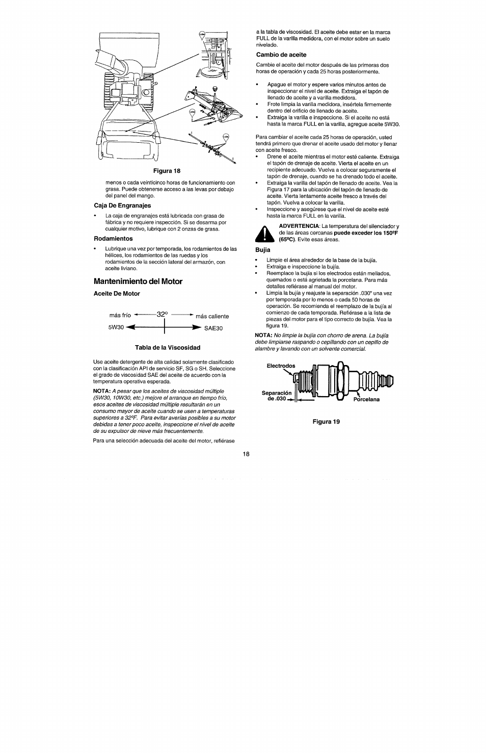 Caja de engranajes, Rodamientos, Mantenimiento del motor | Aceite de motor, Tabla de la viscosidad, Cambio de aceite, Figura 19 | Craftsman 247.885500 User Manual | Page 52 / 58