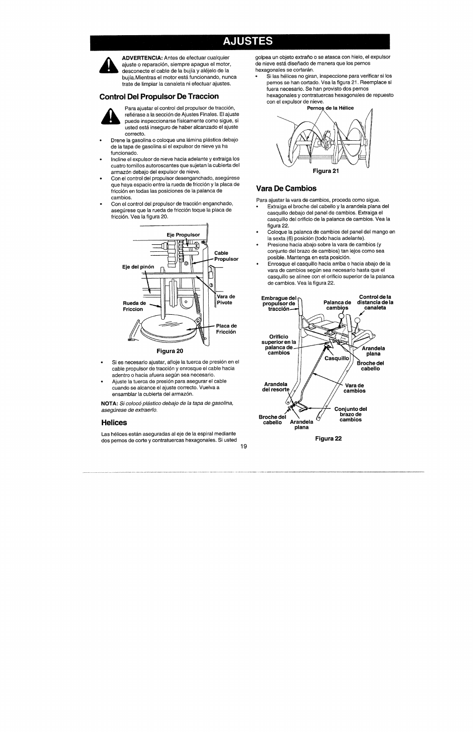 Hélices, Vara de cambios, Ajustes | Craftsman 247.885500 User Manual | Page 53 / 58