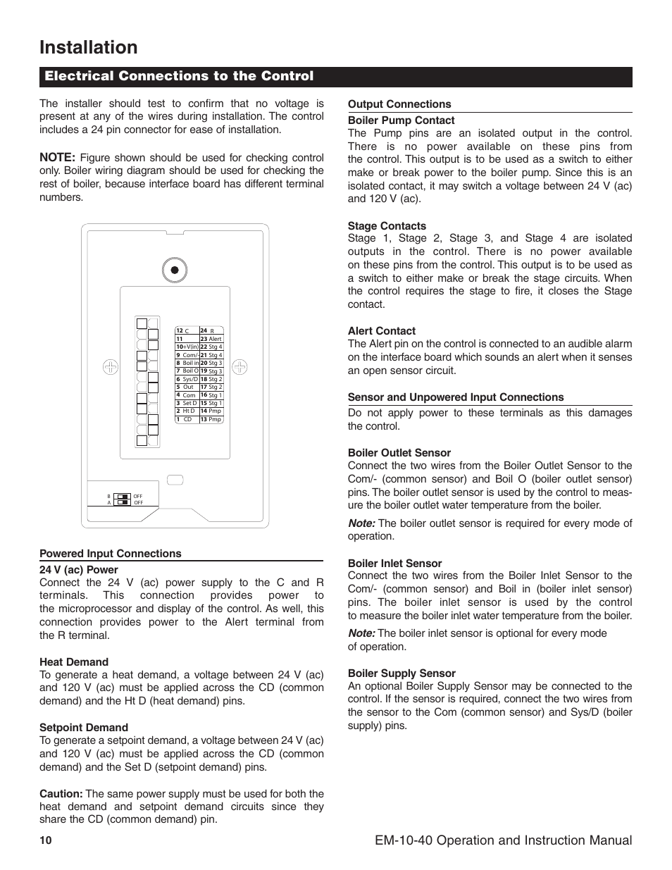 Installation, Em-10-40 operation and instruction manual, Electrical connections to the control | Slant/Fin EM-10 Installation User Manual | Page 10 / 20