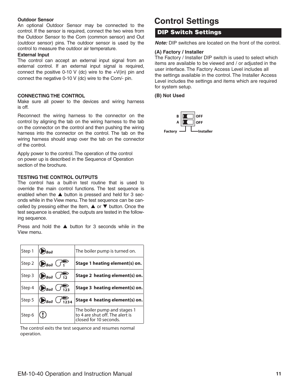 Control settings, Dip switch settings, Em-10-40 operation and instruction manual | Slant/Fin EM-10 Installation User Manual | Page 11 / 20