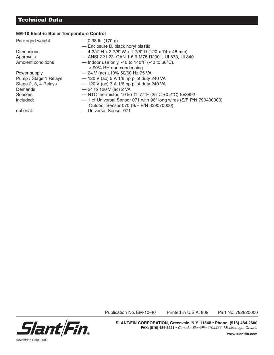 Technical data | Slant/Fin EM-10 Installation User Manual | Page 20 / 20
