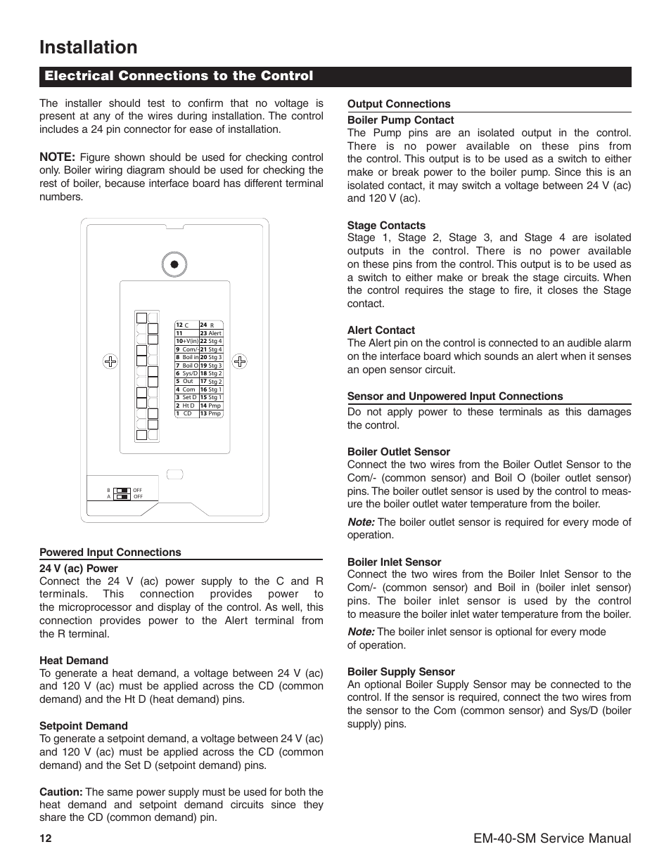 Installation, Em-40-sm service manual, Electrical connections to the control | Slant/Fin EM-10 Service Manual User Manual | Page 12 / 36