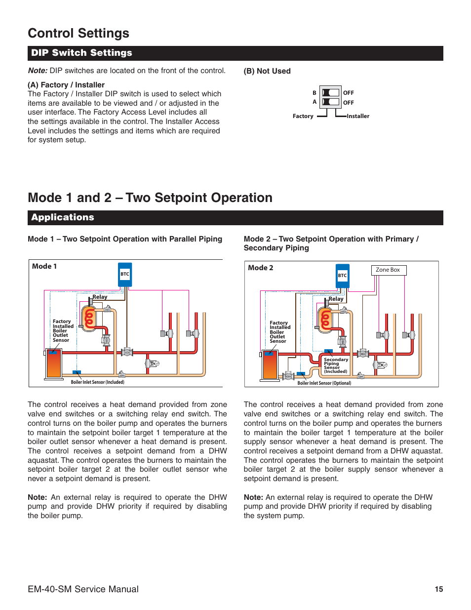 Control settings, Mode 1 and 2 – two setpoint operation, Em-40-sm service manual | Dip switch settings, Applications | Slant/Fin EM-10 Service Manual User Manual | Page 15 / 36