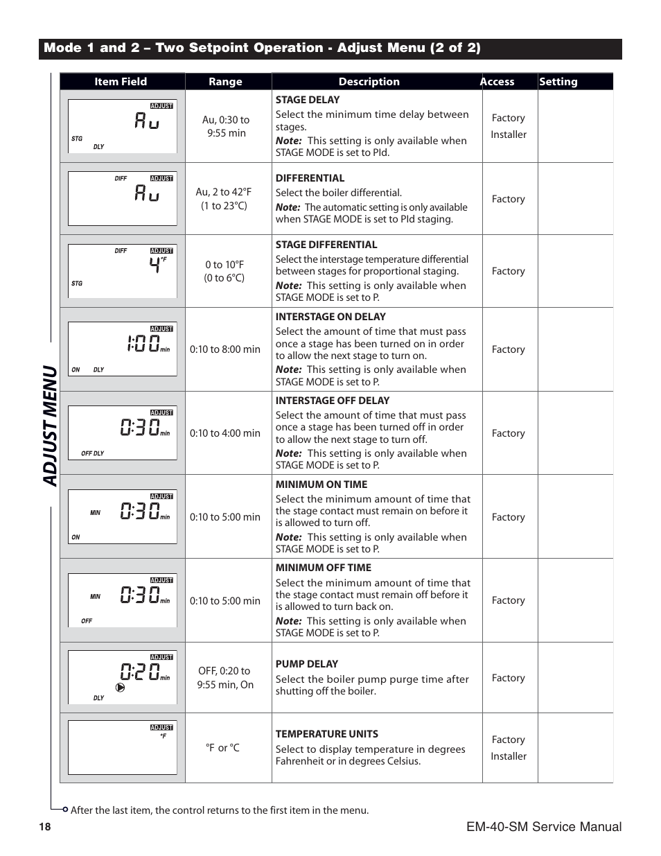 Adjus t menu | Slant/Fin EM-10 Service Manual User Manual | Page 18 / 36
