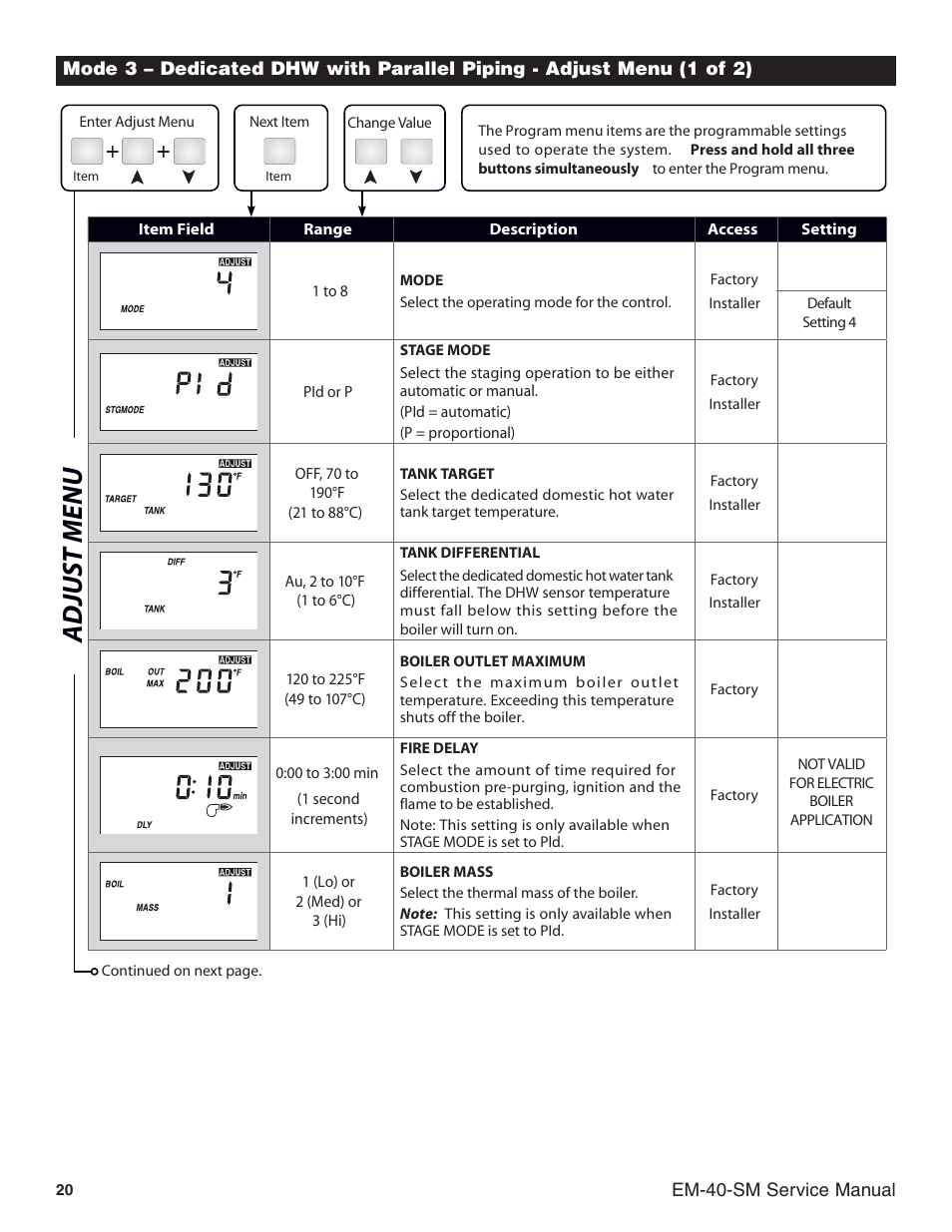 Adjus t menu | Slant/Fin EM-10 Service Manual User Manual | Page 20 / 36