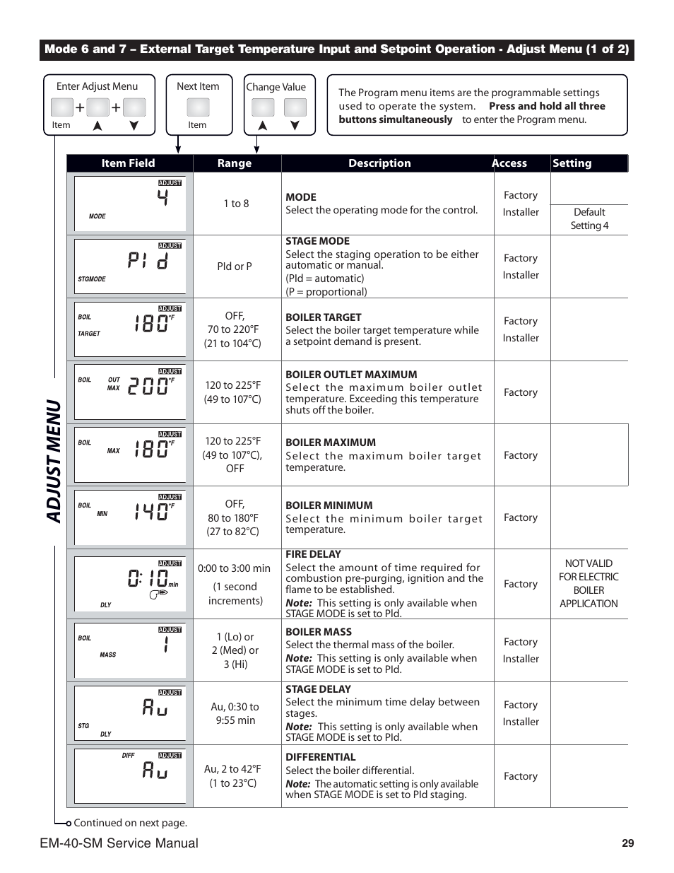 Adjus t menu | Slant/Fin EM-10 Service Manual User Manual | Page 29 / 36
