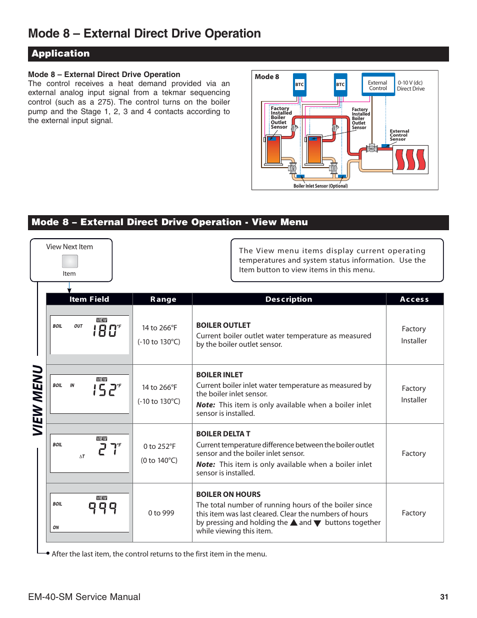 View menu, Mode 8 – external direct drive operation, Em-40-sm service manual application | Slant/Fin EM-10 Service Manual User Manual | Page 31 / 36