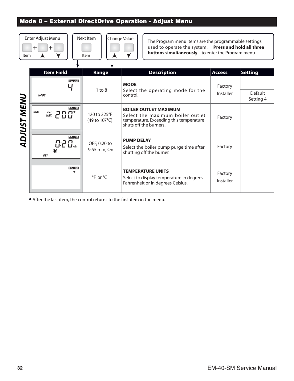 Adjus t menu | Slant/Fin EM-10 Service Manual User Manual | Page 32 / 36