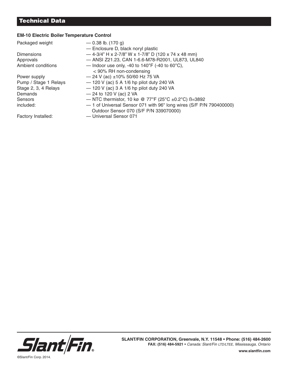 Technical data | Slant/Fin EM-10 Service Manual User Manual | Page 36 / 36
