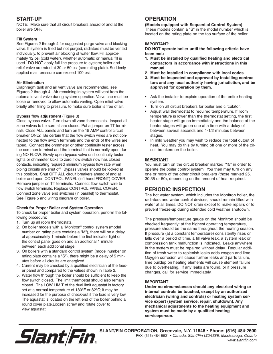 Start-up, Operation, Periodic inspection | Slant/Fin EH User Manual | Page 6 / 6