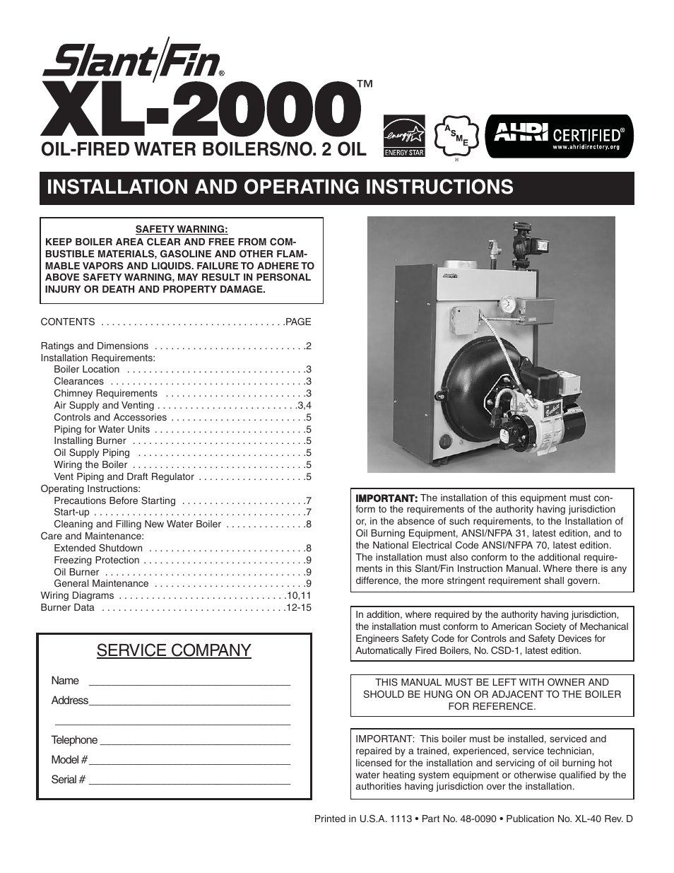 Slant/Fin XL-2000 User Manual | 16 pages