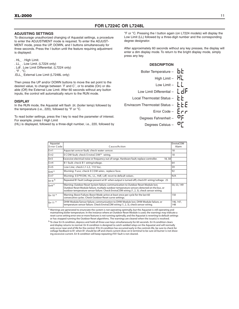 Xl-2000, 11 adjusting settings, Display | Slant/Fin XL-2000 User Manual | Page 11 / 16