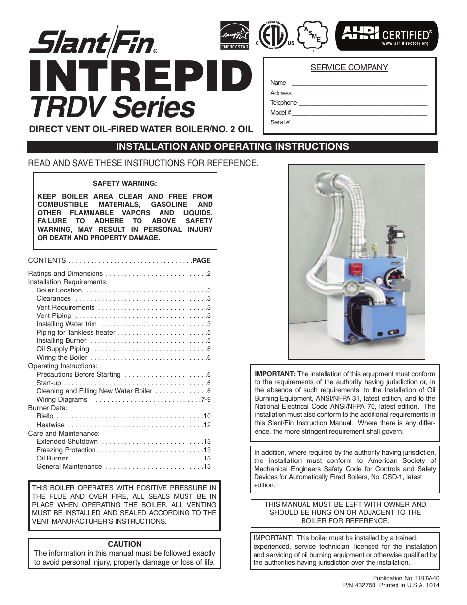 Slant/Fin TRDV Series User Manual | 12 pages