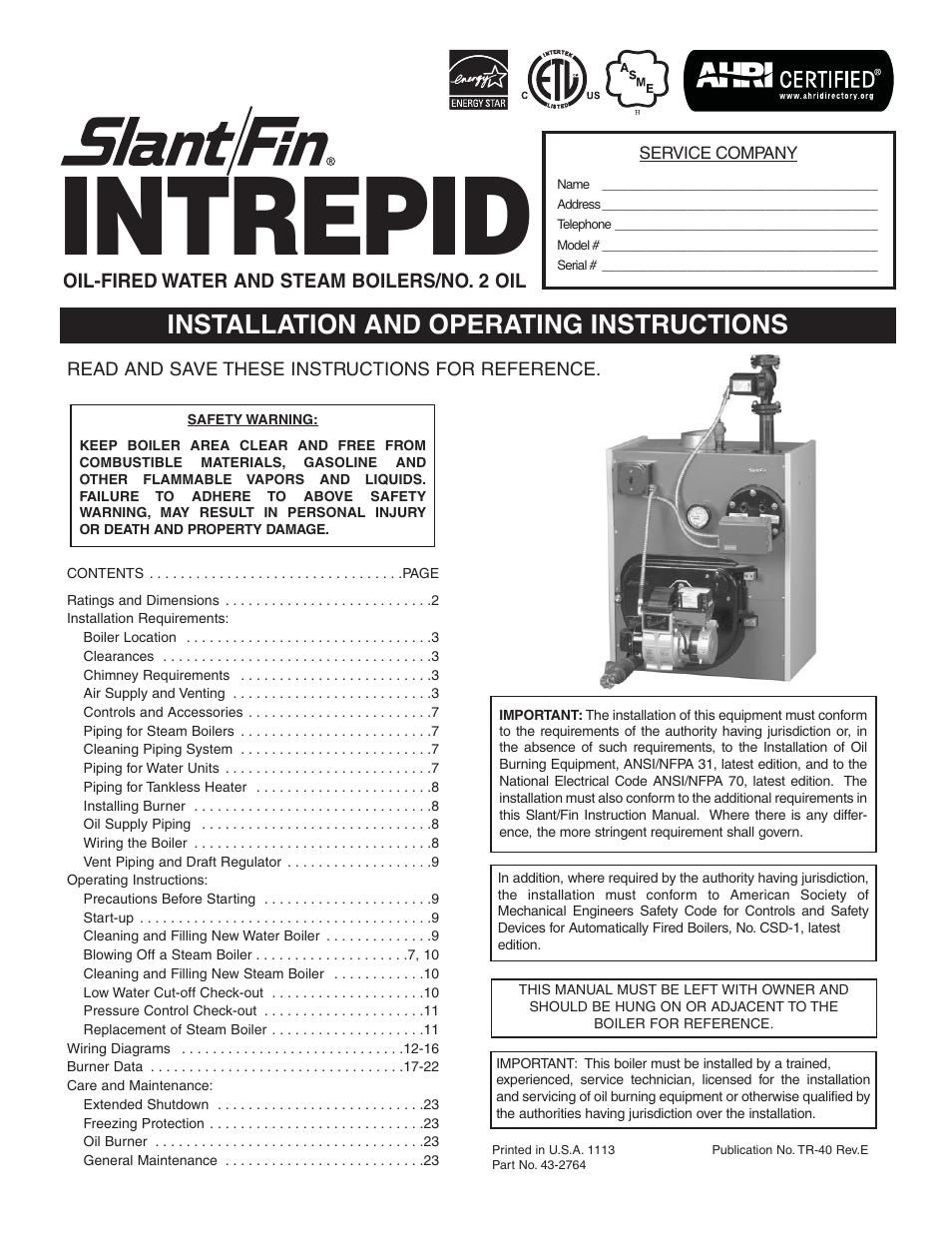 Slant/Fin Intrepid Steam User Manual | 24 pages