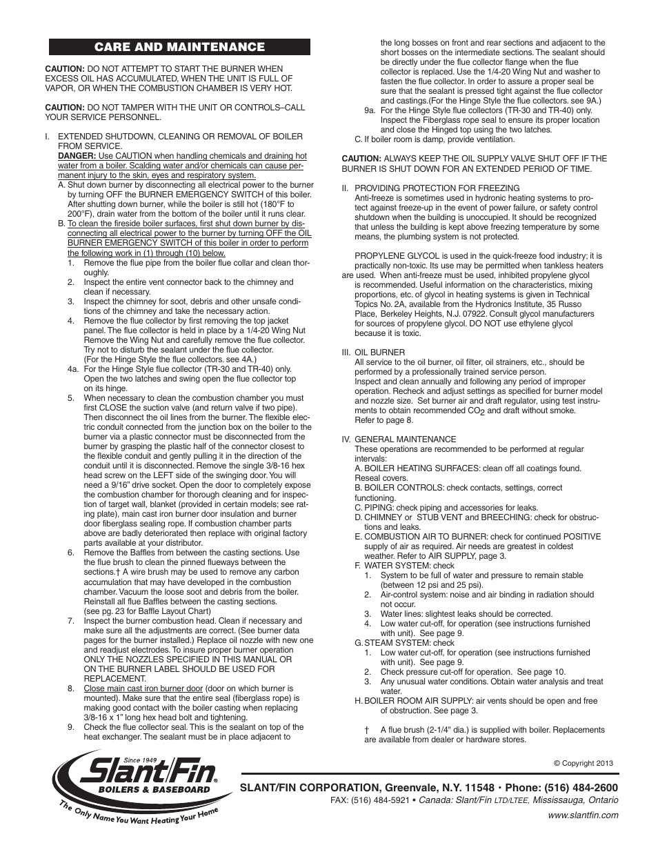 Care and maintenance | Slant/Fin Intrepid Steam User Manual | Page 24 / 24